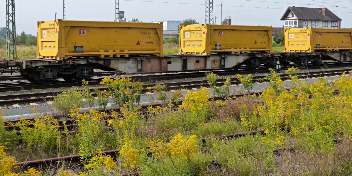 Farblich angepasst waren am 12.09.2015 die Gleisvegetation und die Flachwagen mit den Schmitz Cargobull - Mulden für den Stuttgart21-Abraum. Beschriftet ist der Wagen mit 33 68 4556 695-7 RIV D-AAEC Sgns