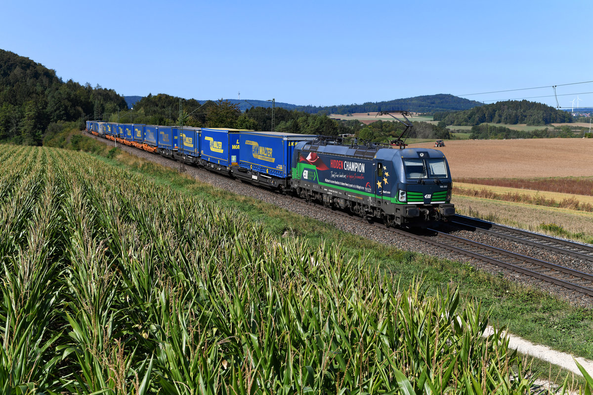 Fast einheitlich mit Aufliegern der Spedition LKW Walter beladen zeigte sich am 19. September 2020 der DGS 41161 von Wanne-Eickel nach Budapest Soroksar Terminal. Zuglok war der ELL Vectron 193 203. Dieser stand längere Zeit für die LTE im Einsatz, inzwischen ist allerdings TXLogistik der Mieter. Die Lok hat im März diesen Jahres eine neue Seiten-Beklebung erhalten, die auf den Einsatz des TXL Personals während der Pandemie hinweist. Bei Darshofen in der Oberpfalz konnte die Leistung in frühherbstlicher Umgebung eingefangen werden. 