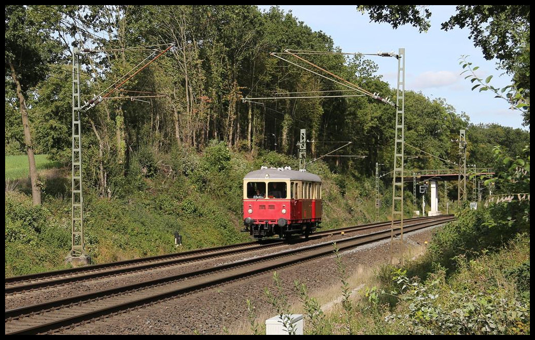 Fast verloren in der Landschaft kommt hier der TWE VT 03 auf der Rollbahn bei Hasbergen daher. Am 14.9.2019 war der VT von Lengerich zum Stahlwerk in Georgsmarienhütte unterwegs und ist hier auf dem Rückweg nach Lengerich.