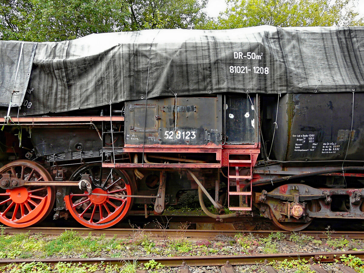 Fast vollständig mit einer Plan abgedeckt ist die DR-Rekolok 52 8123 am 25.09.2010 im Dampflokmuseum Falz in Hermeskeil.