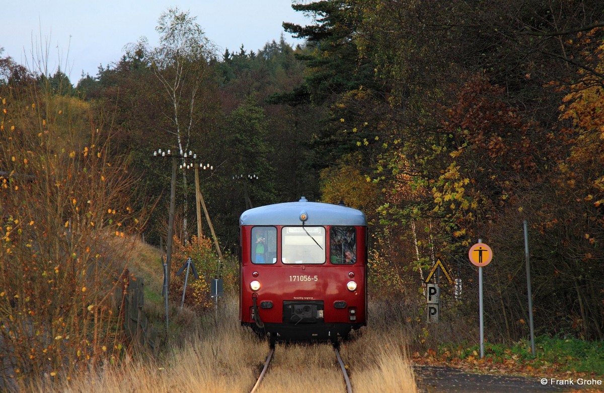  Ferkeltaxe  DR 171 056-5 Förderverein Wisentatalbahn e. V. auf der Fahrt von Schönberg nach Schleiz West, ex KBS 543 Wisentatalbahn Schönberg - Schleiz - Saalburg, fotografiert kurz vor dem Hp. Wüstendittersdorf am 26.10.2013