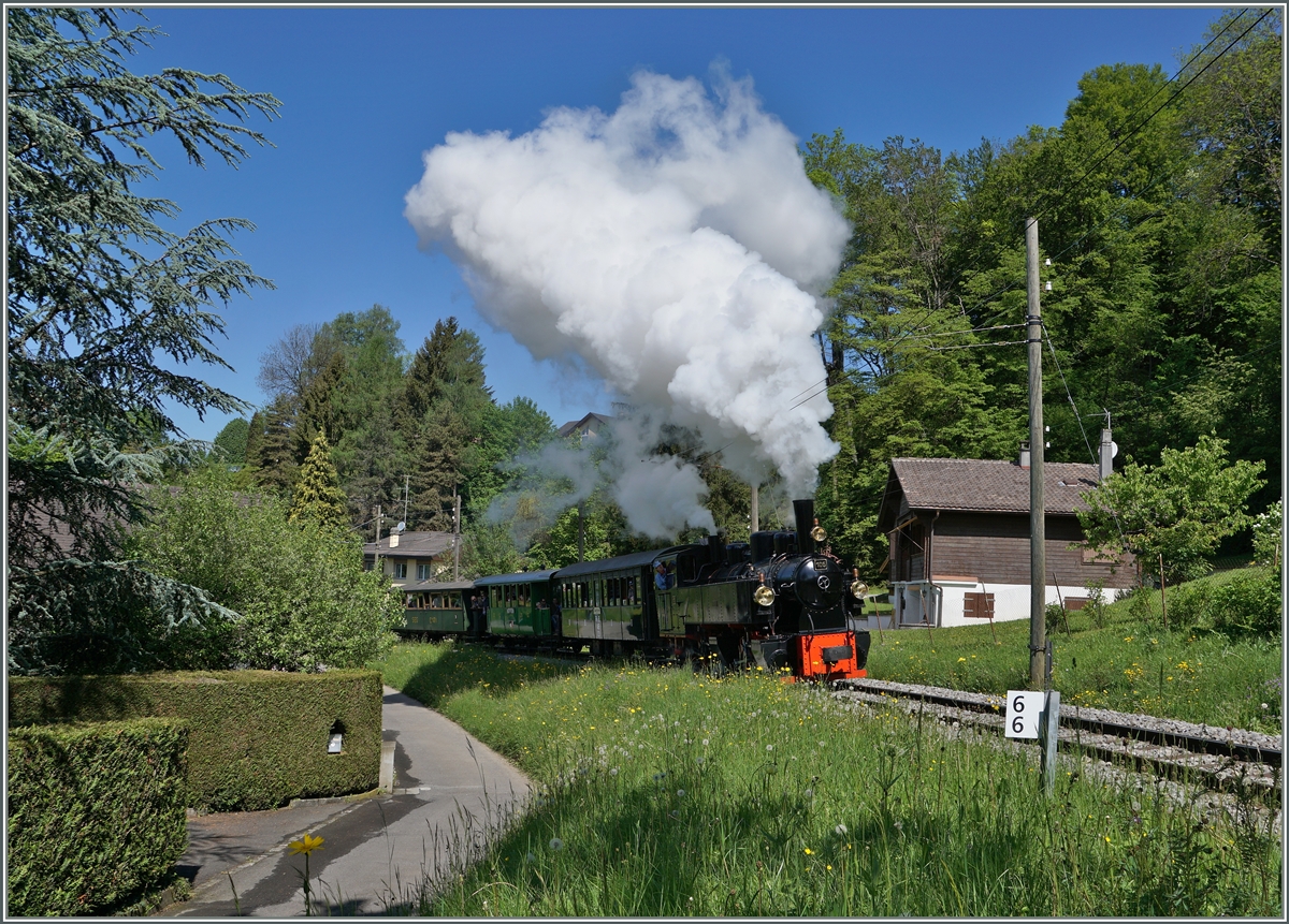 Festival Suisse de la vapeur 2016: Die G 2x 2/2 105 mit ihrem Zug Richtung Chamby oberhalb von Blonay.
16. Mai 2016