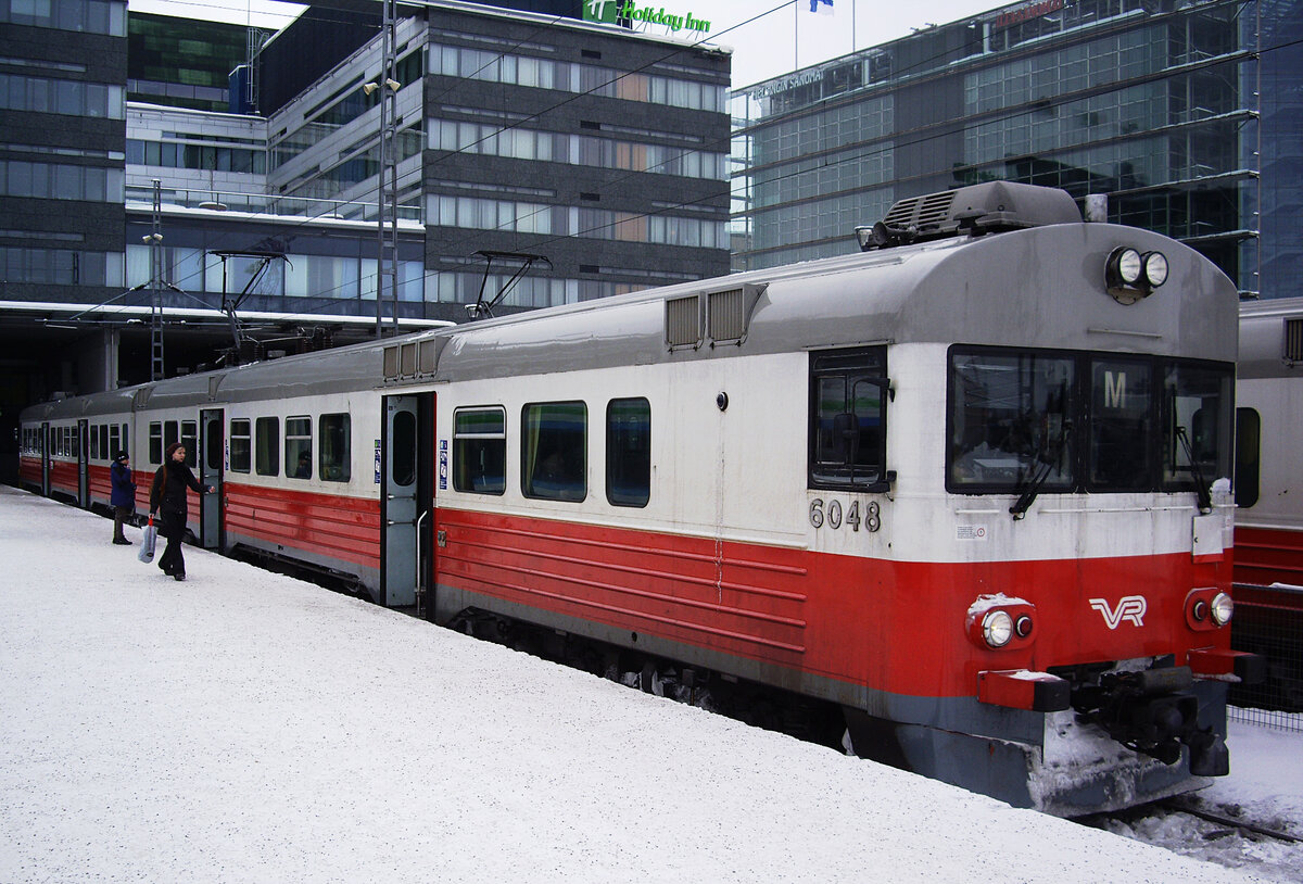 Finnish unit VR Sm1, car 6048, Helsinki Central Station, Line M waiting for departure to Vantaankoski, 11 Feb 2012.