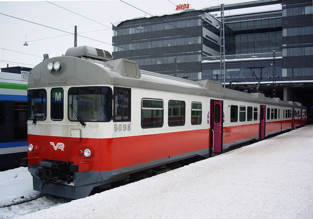 Finnish unit VR Sm2, car 6098, Helsinki Central Station, Line M waiting for departure to Vantaankoski, 11 Feb 2012.