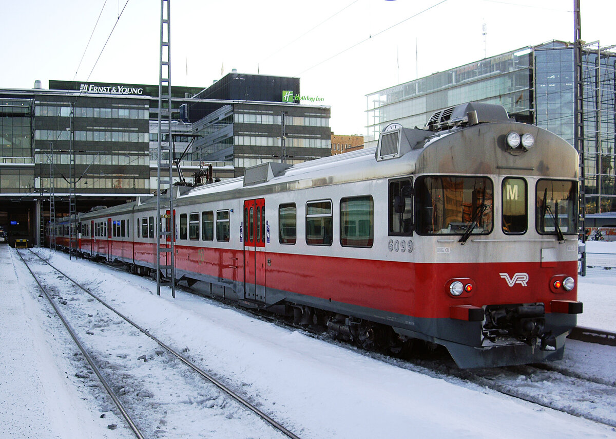 Finnish unit VR Sm2, car 6099, Helsinki Central Station, Line M waiting for departure to Vantaankoski, 09 Feb 2012.