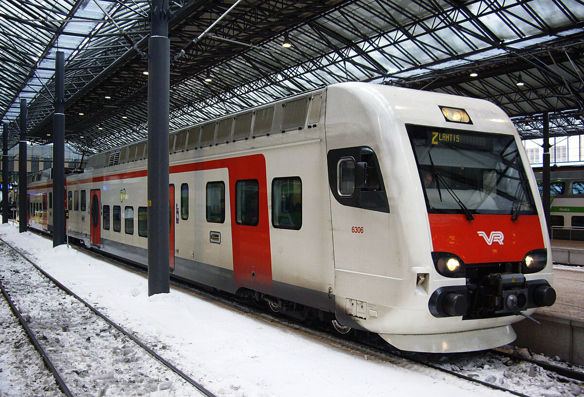 Finnish unit VR Sm4, car 6306, FI-VR 94106 004006-5, Helsinki Central Station, Line Z waiting for departure to Lahti, 11 Feb 2012.