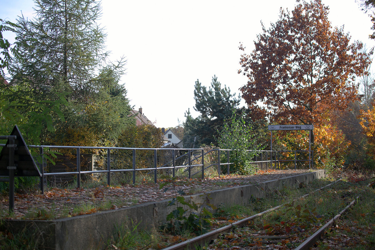 Finsterwalde, Frankenaer Weg, Haltpunkt an der 1911 eröffneten Strecke Finsterwalde - Luckau,heute schon lange stillgelegt,  es gab schon einmal Museumseisenbahn Betrieb.
25.10.2020 13:33 Uhr.
Ehemalige Kursbuchstrecke 177p, Finsterwalde - Crinitz (1957)