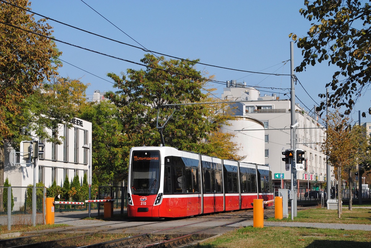 Flexity D 310 als Linie 11 zum Otto Probst Platz beim Überqueren der Schrankenanlage in der Svetelskystraße. (09.10.2021)