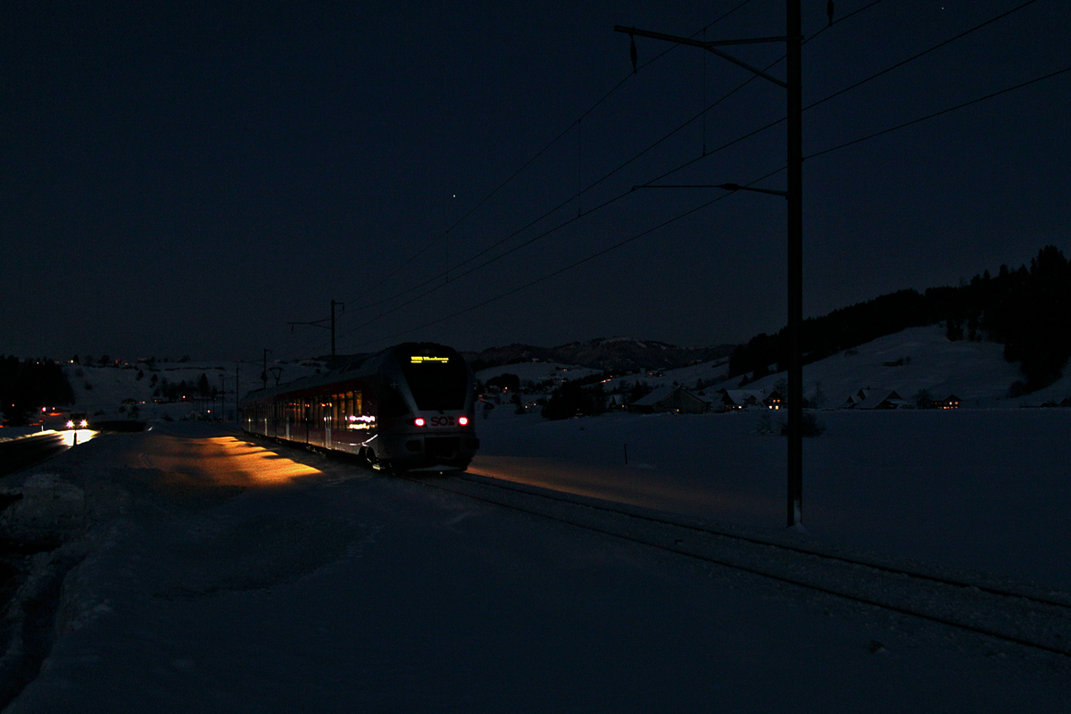 Flirt Triebzug S 31 nach Biberbrugg auf Höhe Schwyzerbrugg.Bild vom 2.2.2105