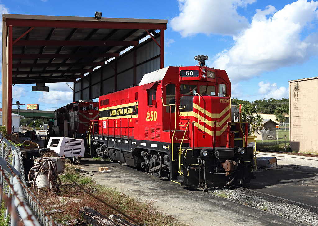 Florida Central`s 50 & 84 at the maintenance depot at Plymouth, 23 November 2018. This locomotive is a rebuilt Streamliner and is an EMD CF7