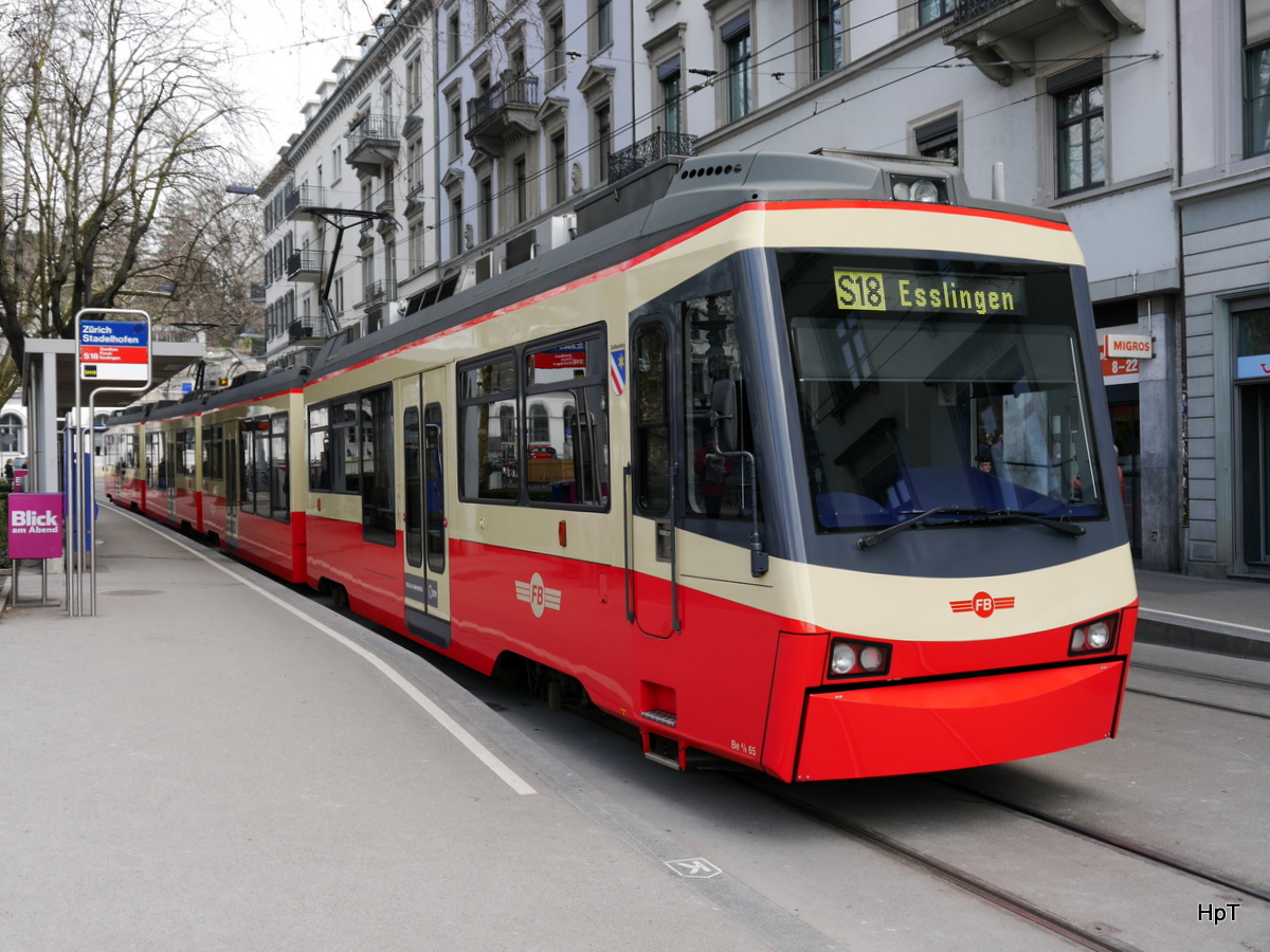 Forchbahn - Regio nach Esslingen mit dem Triebwagen Be 4/6 65 am Schluss im Bahnhof Zürich Stadelhofen am 11.03.2016