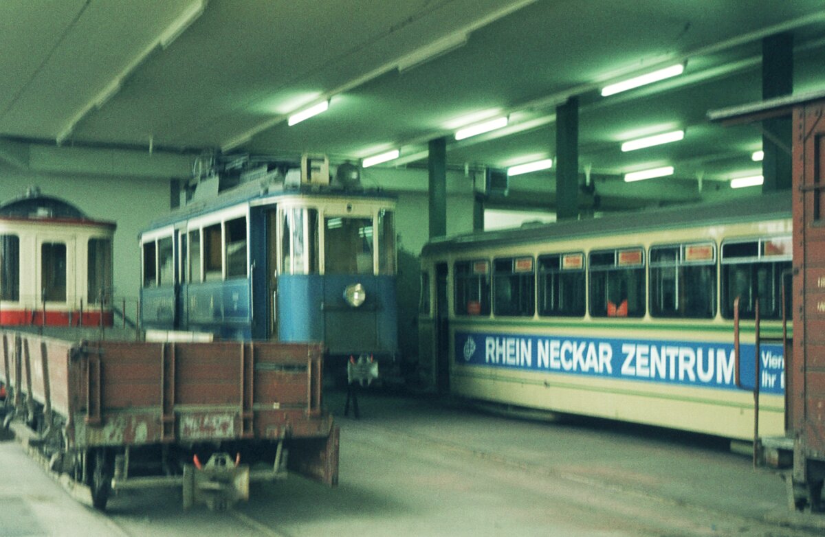 Forchbahn Zürich - Esslingen__Im Depot auf der Forch (und wegen der Werbung fürs  Rhein-Neckar-Zentrum  nicht etwa im verkehrten Esslingen).Bw 165 (hier im Bild) und 168 der OEG  wurden 1972-1974 an die Forchbahn verkauft._15-09-1974
