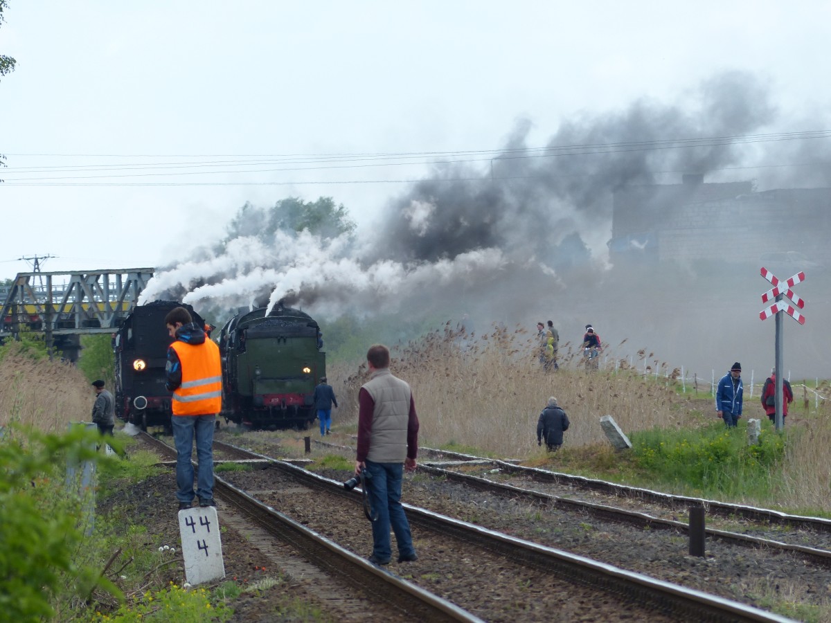 Fotografieren im Gleisbereich - möglich auf der Dampflokparade in Wolsztyn. Die beiden Dampflokkolonnen sind am südöstlichen Ende der Paradestrecke angekommen und werden gleich wieder zurück zum Bahnhof fahren. 3.5.2014