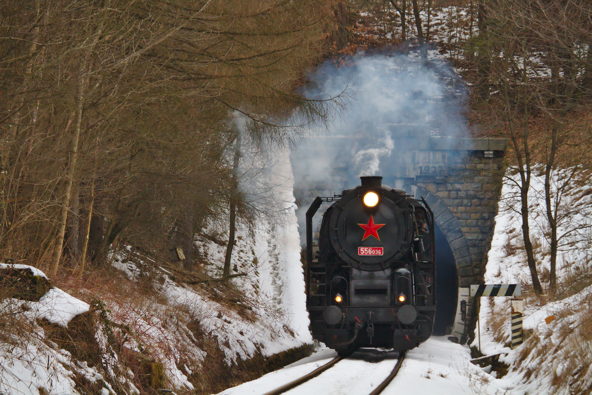 Fotozug mit der 556 036 bei der Ausfahrt aus dem Tunnel von Brestovec. (19.02.2017)