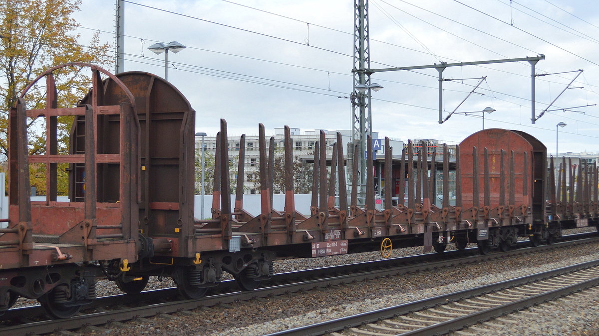 Französischer Drehgestell-Flachwagen für den Holztransport vom Einsteller ERMEWA SA mit der Nr. 33 RIV 87 F-ERSA 3526 101-2 Roos in einem Ganzzug am 16.11.20 Bf. Golm (Potsdam).