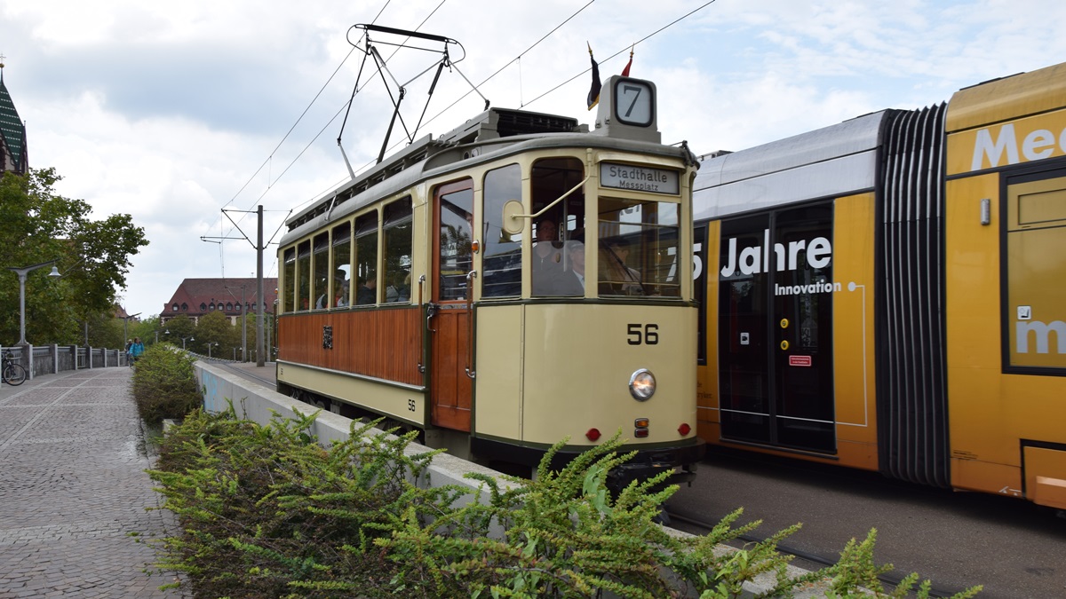 Freiburg im Breisgau - Oldtimer Tram 56 - Historische Straßenbahn Rastatt T4 - Aufgenommen am 01.09.2018