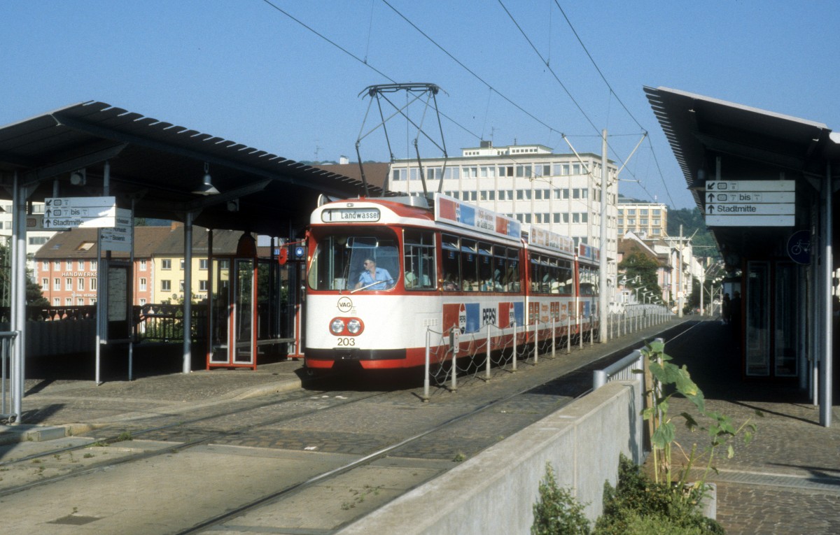 Freiburg im Breisgau VAG SL 1 (D�WAG-GT8 203) Hauptbahnhof im Juli 1990.