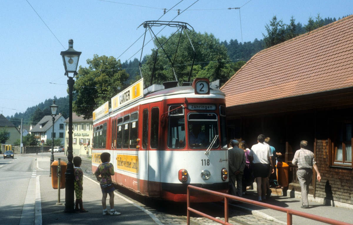 Freiburg im Breisgau VAG SL 2 (GT4 118) Gnterstal, Schauinslandstrasse im Juli 1990.