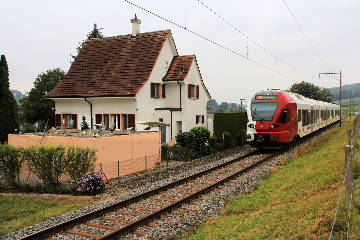 Freiburger Bahnen TPF - was sich da alles auf dem Garagendach tummelt, während Triebzug 197 vorbeifährt. Bei Cressier, 8.Oktober 2018 