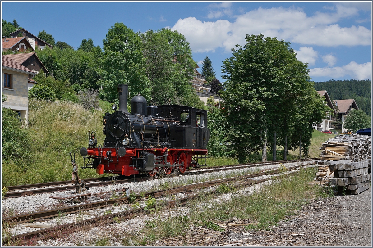 Frisch beholzt fährt die Coni'Fer  C.F.T.P.V. E 3/3 N° 5 in Les Hôpitaux Neufs zu ihrem Zug, wo nach dem Ankuppeln die Lok noch mit Wasser versorgt wird, bevor die Fahrt los geht.


Die 1915 von SLM Winterthur unter der Fabriknummer 2538 gebaute E 3/3 N° 5  Rhône  für die Alusuisse Sierre - Chippis wurde von der C.F.T.V.P. (Coni'Fer) übernommen. Heute fährt das  Tigerli  auf der gut 7.5 Km langen Strecke Les Hôptiaux Neufs - Fontaine Ronde als 030T5 im Museumsbahndienst. Die Strecke war vor Eröffnung der NBS Vallorbe - Frasne 1916 Bestandteil der Verbindung Paris - Milano mit bis zu vierzig Zügen pro Tag. 

16. Juli 2019