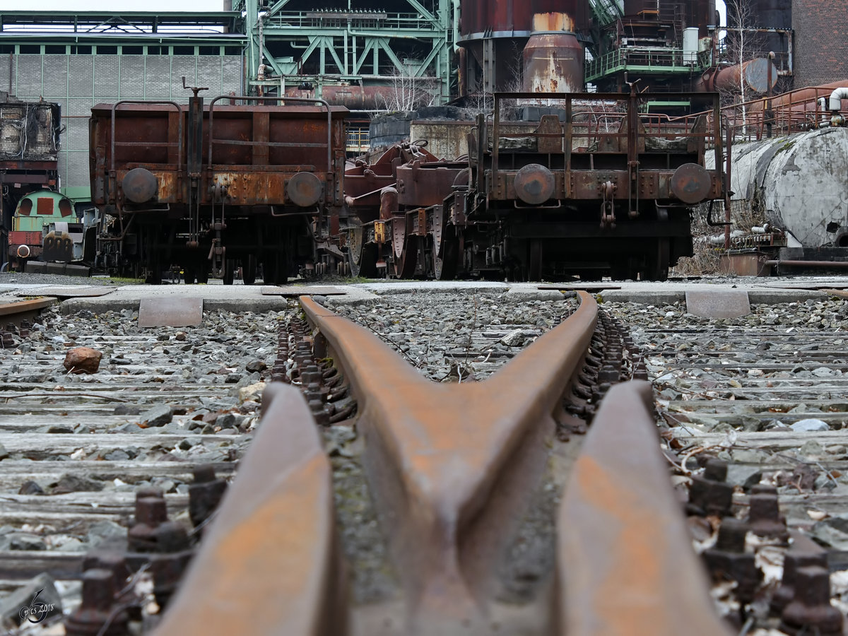 Froschblick auf einige Güterwagen, welche auf dem Museumsgelände der Henrichshütte abgestellt sind. (Hattingen, März 2018)
