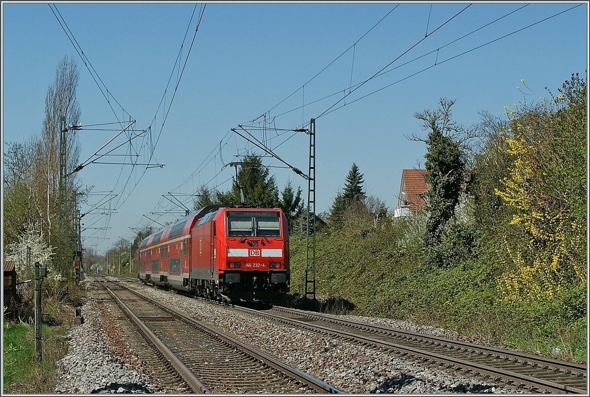 Frühling bei Allensbach: Die DB 146 232-4 schiebt den  Schwarzwälder  RE Richtung Karlsuhe. 
7. April 2011