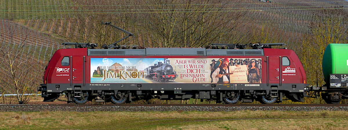 Frühlingserwachen im Maintal: IGE  Jim Knopf  91 85 4482 046-0 CH-IRSI am Kilometer 14,0 bei Thüngersheim. 02.03.2022