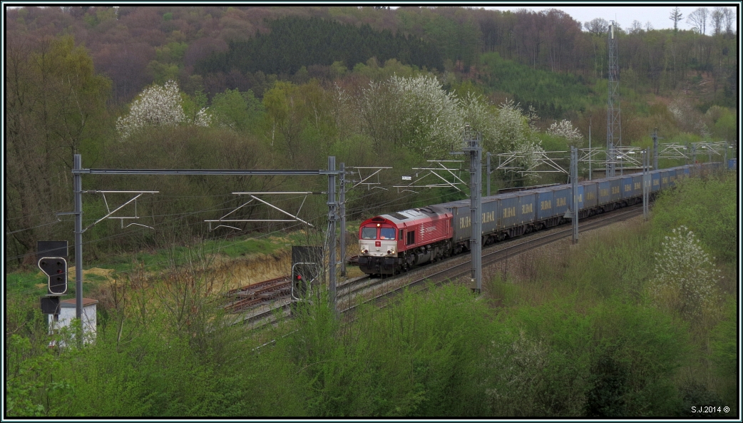 Frühlingsfarben an der Montzenroute in Nouvelaer unweit vom Dreiländereck Vaals.
Eine Crossrail Class 66 ist mit einen Bulkhaul Containerzug unterwegs nach Antwerpen. Bildlich festgehalten Anfang April 2014.