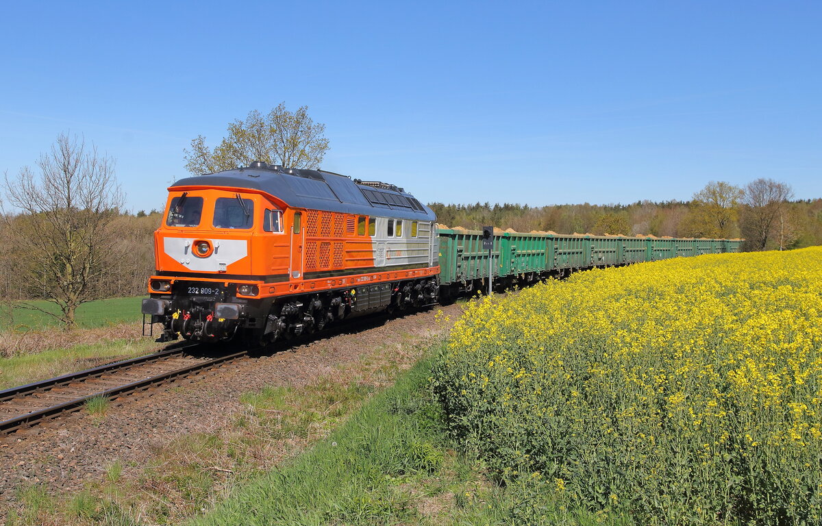 Fr�hlingswetter bei Reust als der Sandzug nach Braunichswalde den Fotopunkt erreicht. Die 232 909 ist im April auf der Wismutbahn zwischen Kayna und Seelingst�tt im Sandzugpendel unterwegs gewesen. 