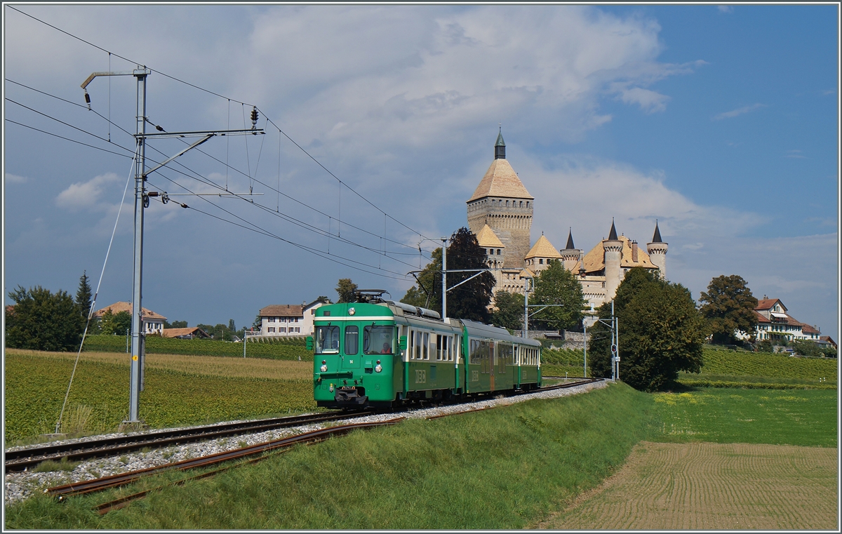 Für den BAM Regioanlzug 125 reichte der Sonnenstand gerade noch um den Zug südlich der Strecke beim Château de Vufflens fotografieren zu können.
8. Sept. 2014