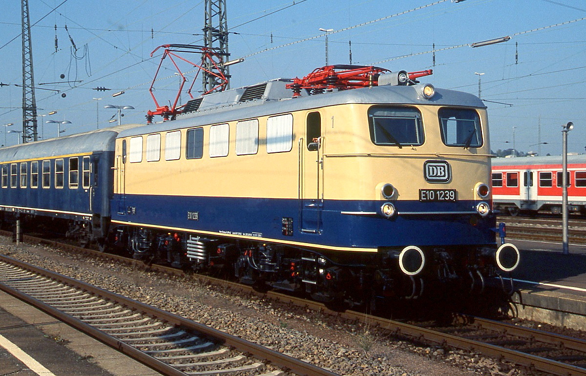 Für die Beförderung des Rheingold wurde die E 10 1239 am 22.02.1962 mit einer geänderten Getriebeübersetzung (für 160 km/h statt 150 km/h) und in kobaltblau-beiger Lackierung ausgeliefert. Nach der Auslieferung der E 10 1265-1270 glich sie die DB den übrigen E 10.1 an und numerierte sie in E 10 239 (ab 1968 110 239-1) um. Nach ihrer Ausmusterung wurde sie 2008 im AW Dessau in ihren Auslieferungszustand zurückversetzt. Hier ist sie Anfang Oktober 2009 vor einem Sonderzug im Hbf. Heilbronn zu sehen. Schöner kann eine E 10.1 nicht aussehen.