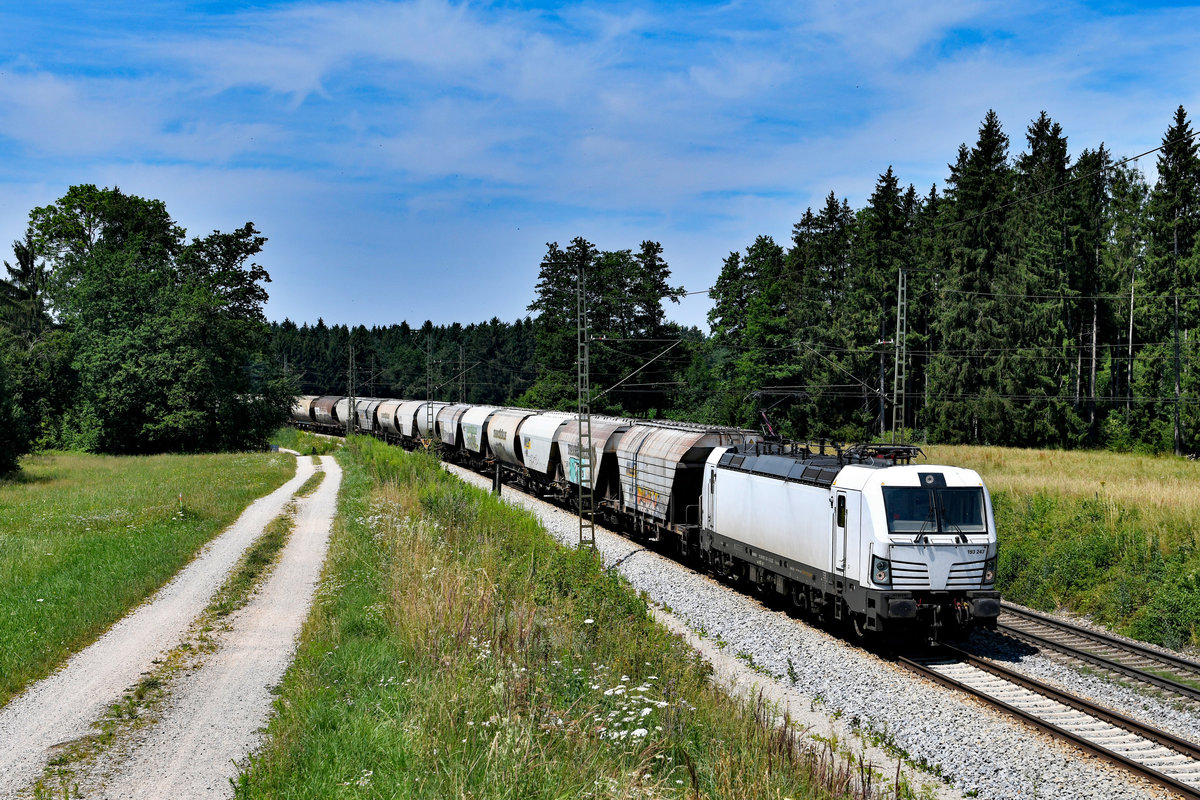 Für ecco rail ist die komplett in weiß gehaltene 193 247 von ELL unterwegs. Am 20. Juli 2019 konnte ich die Maschine vor einem Getreidezug bei Amersberg fotografieren. Der aus Holland kommende Zug wurde aufgrund von Bauarbeiten auf der Passauerbahn über Salzburg umgeleitet. 
