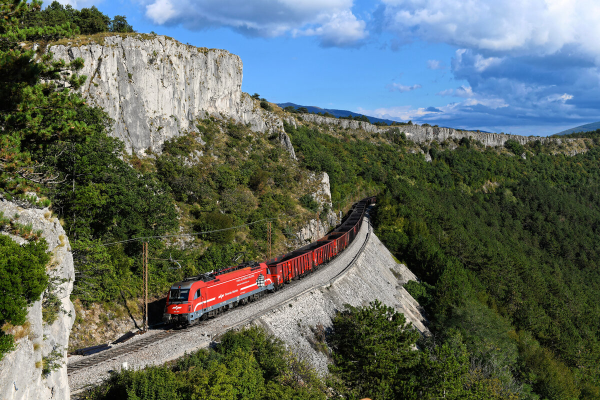 Für einen Schachwettbewerb der Slowenischen Staatsbahn wirbt die 541 014. Am 18. September 2021 begegnete mir der Taurus bei Črni Kal, als er mit einem schweren Kohlezug die Koper-Rampe erklomm.  
