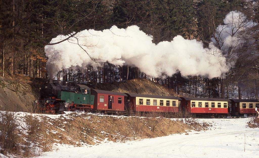 Für kurze Zeit war die 996001 wieder als Lok 21 der NWE lackiert worden. Hier ist sie am 19.2.1994 um 12.36 Uhr mit dem P 8963 nahe Mägdesprung nach Alexisbad unterwegs.