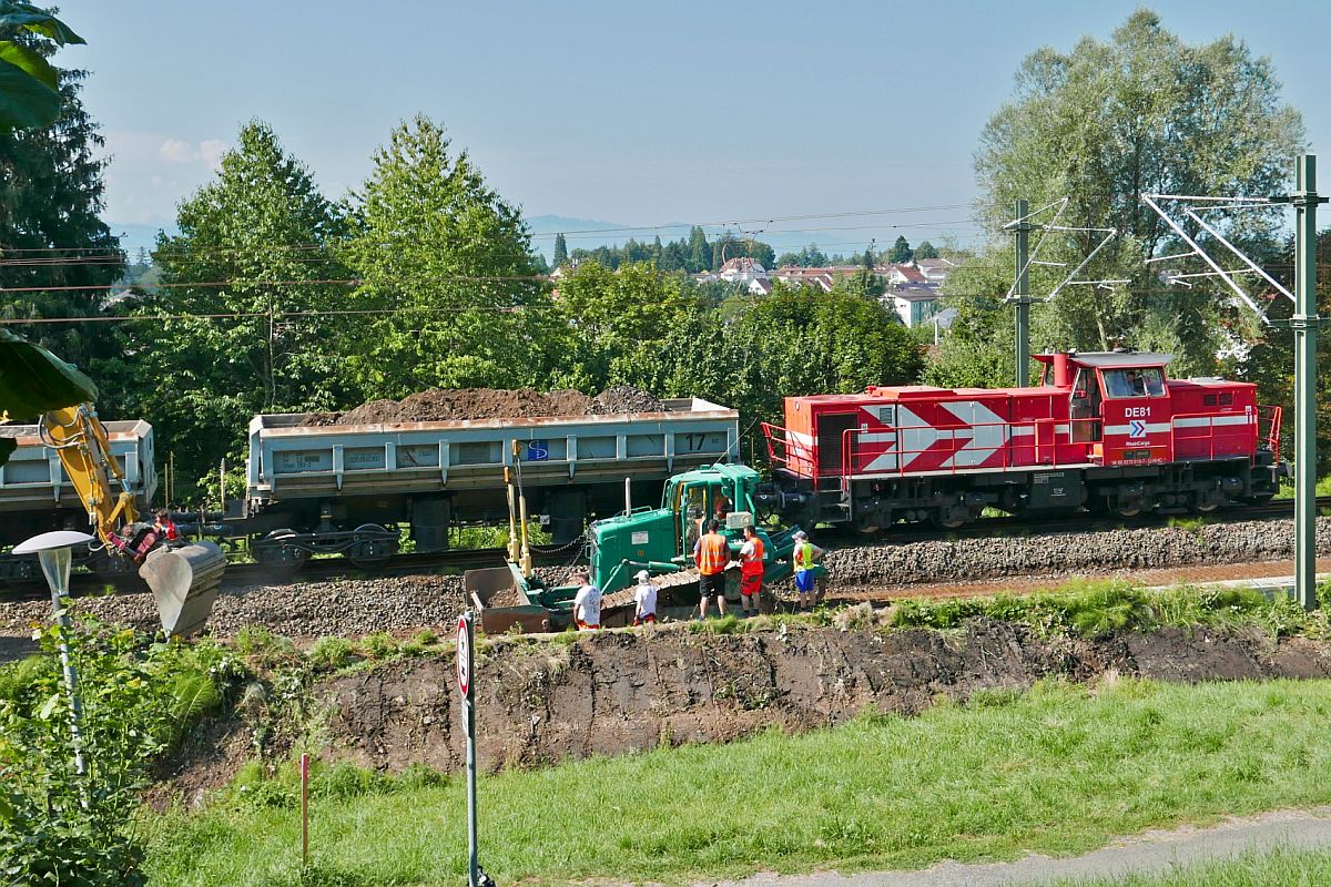 Fr das neue Gleisbett, das tiefer sein wird als das Alte, schiebt eine Planierraupe die nchste Erdschicht zu einem Bagger. DE81 der RheinCargo (98 80 0272 019-7 D-RHC) wartet am Hoyerberg in Bodolz darauf, dass die fnf Schttgutkippwagen der Gattung Uas mit Erdaushub befllt sind.