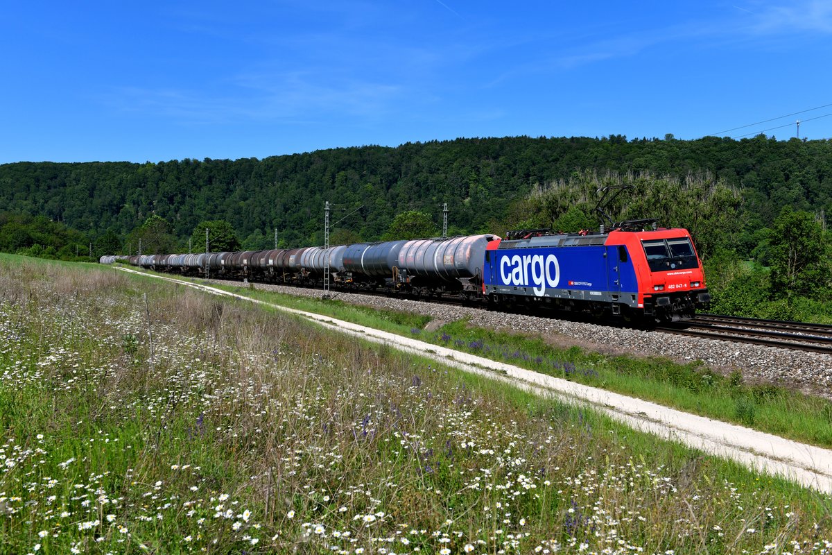 Für Widmer Rail Services ist aktuell die SBB Cargo 482 047 unterwegs. Am 02. Juni 2019 konnte ich die betreffende Lok bei Obereichstätt im Altmühltal mit einem Kesselwagenzug südwärts fahrend fotografieren. 