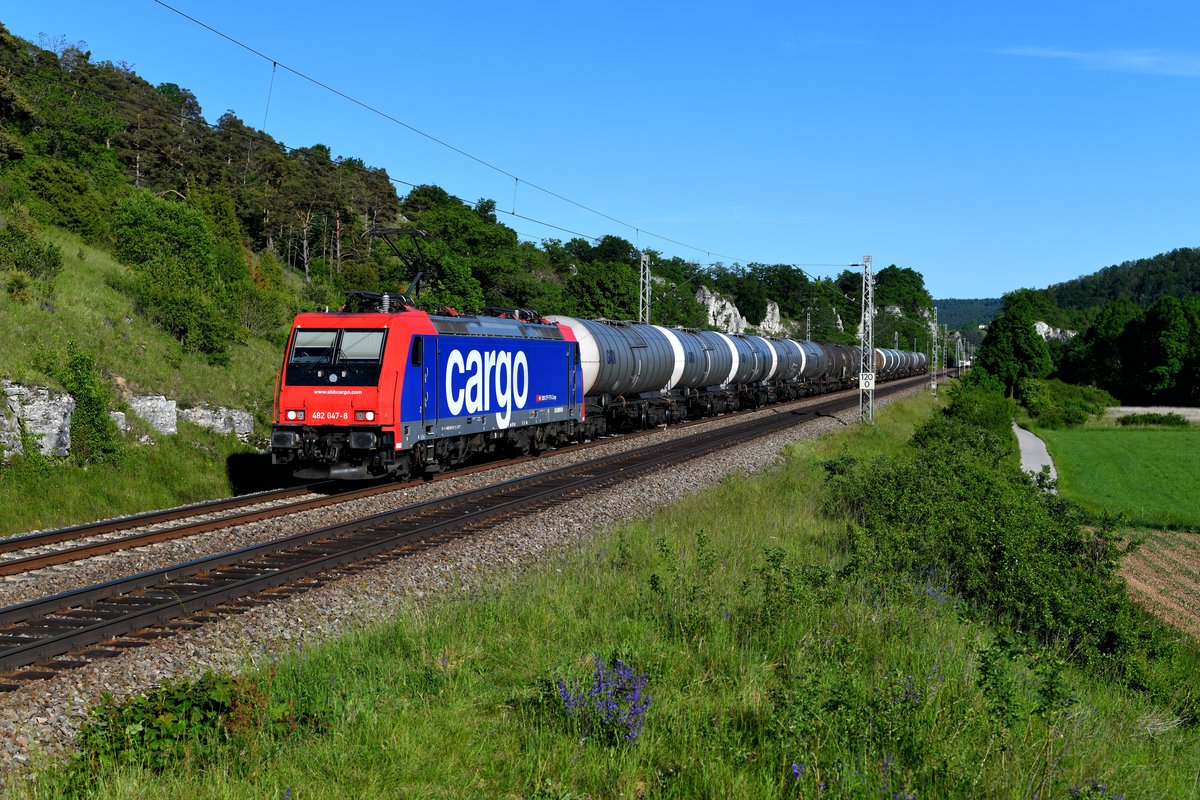 Für Widmer Rail Services ist aktuell die SBB Cargo 482 047 unterwegs. Am 02. Juni 2019 konnte ich die betreffende Lok bei Hagenacker im Altmühltal mit einem Kesselwagenzug nordwärts fahrend fotografieren. 