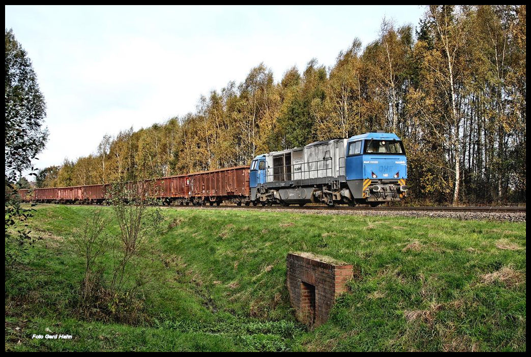 G 2000, ex OHE, war mal wieder als Ersatz am 2.11.2017 auf der Hüttenbahn im Einsatz. Um 9.05 Uhr verläßt sie hier mit dem Schrottzug zum Hüttenwerk gerade den hinter den Bäumen versteckten Bahnhof Hasbergen und fährt in die eingleisige Werkbahnstrecke ein. Die Stammlok Class 66 war zum Räder Abdrehen zu diesem Zeitpunkt in Brühl.