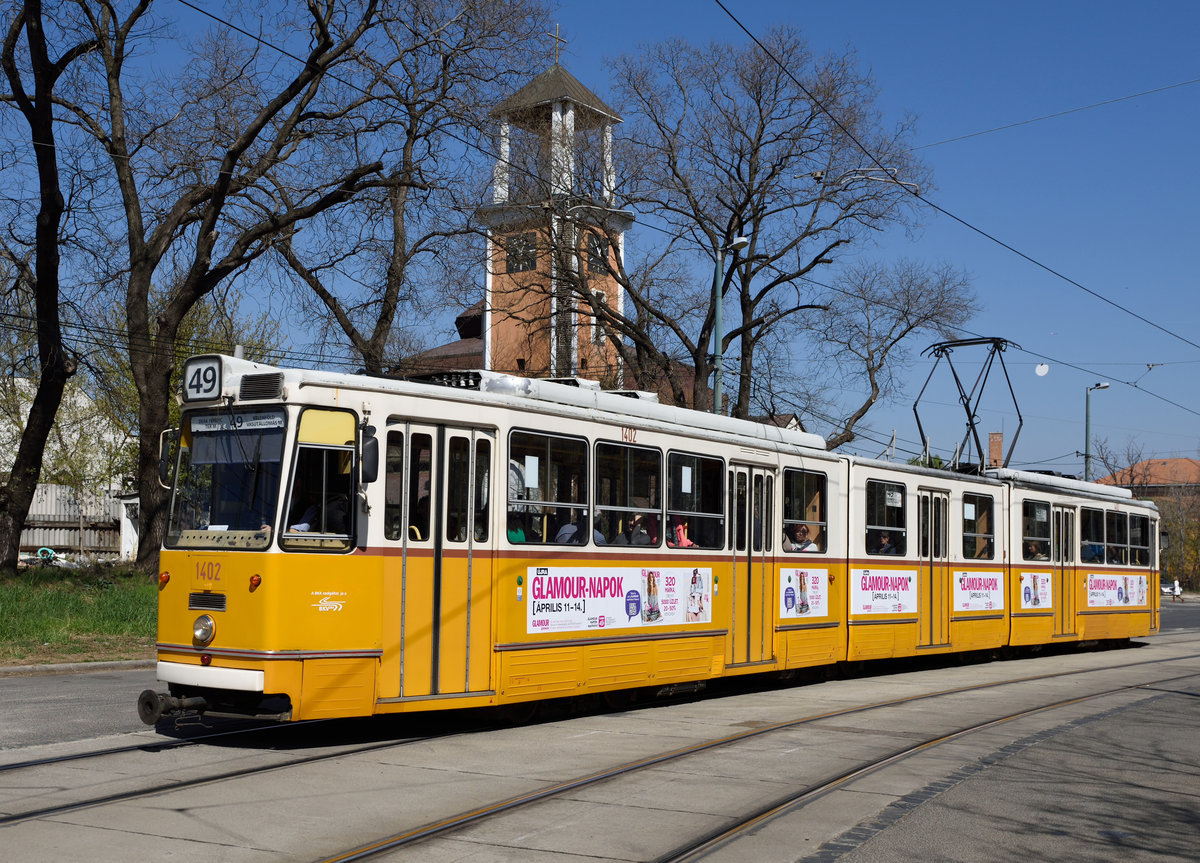 Ganz-CSMG 1402 als Linie 49 Szent Gellért-Templom, Kelenföld, 1. April 2019.