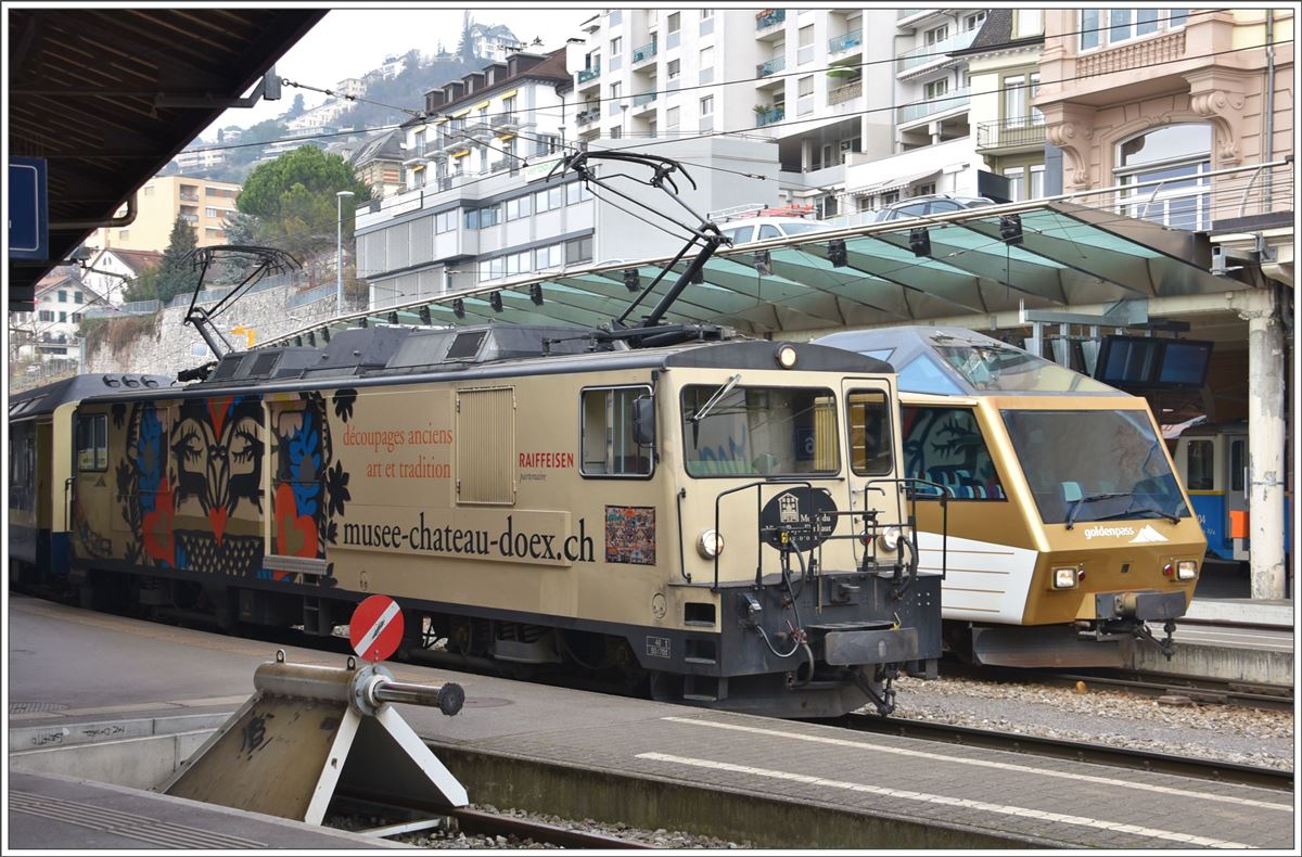 GDe 4/4 und Panoramic Steuerwagen der MOB in Montreux. (14.12.2016)