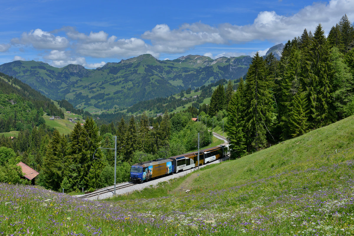 Ge 4/4 8002 mit einem Golden Pass am 20.06.2016 bei Saanenmöser.  