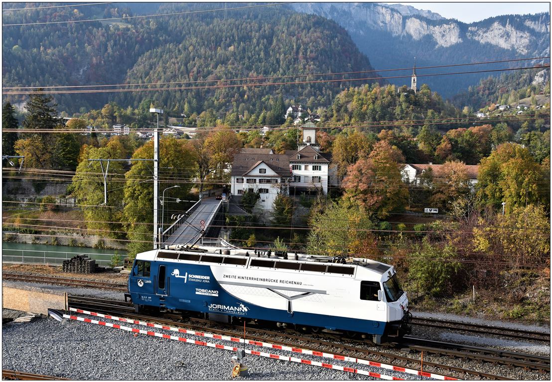 Ge 4/4 III 649  Lavin  anlässlich der Pressefahrt zur neuen 2. Hinterrheinbrücke in Reichenau-Tamins, (18.10.2018)