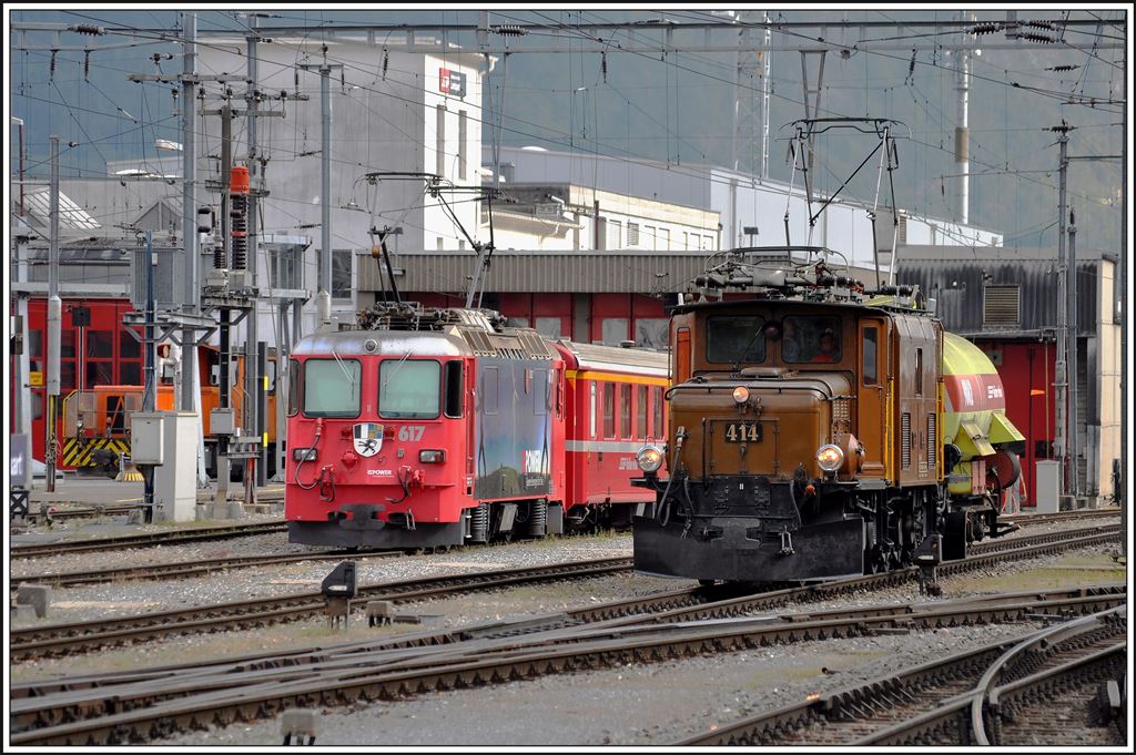 Ge 6(6 I 414 und Löschwagen 9862 erreichen Landquart. (05.05.2014)
