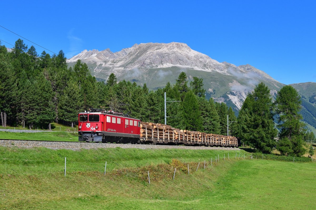 Ge 6/6 II 704 mit einem Holzzug am 03.09.2019 bei Pontresina. 
