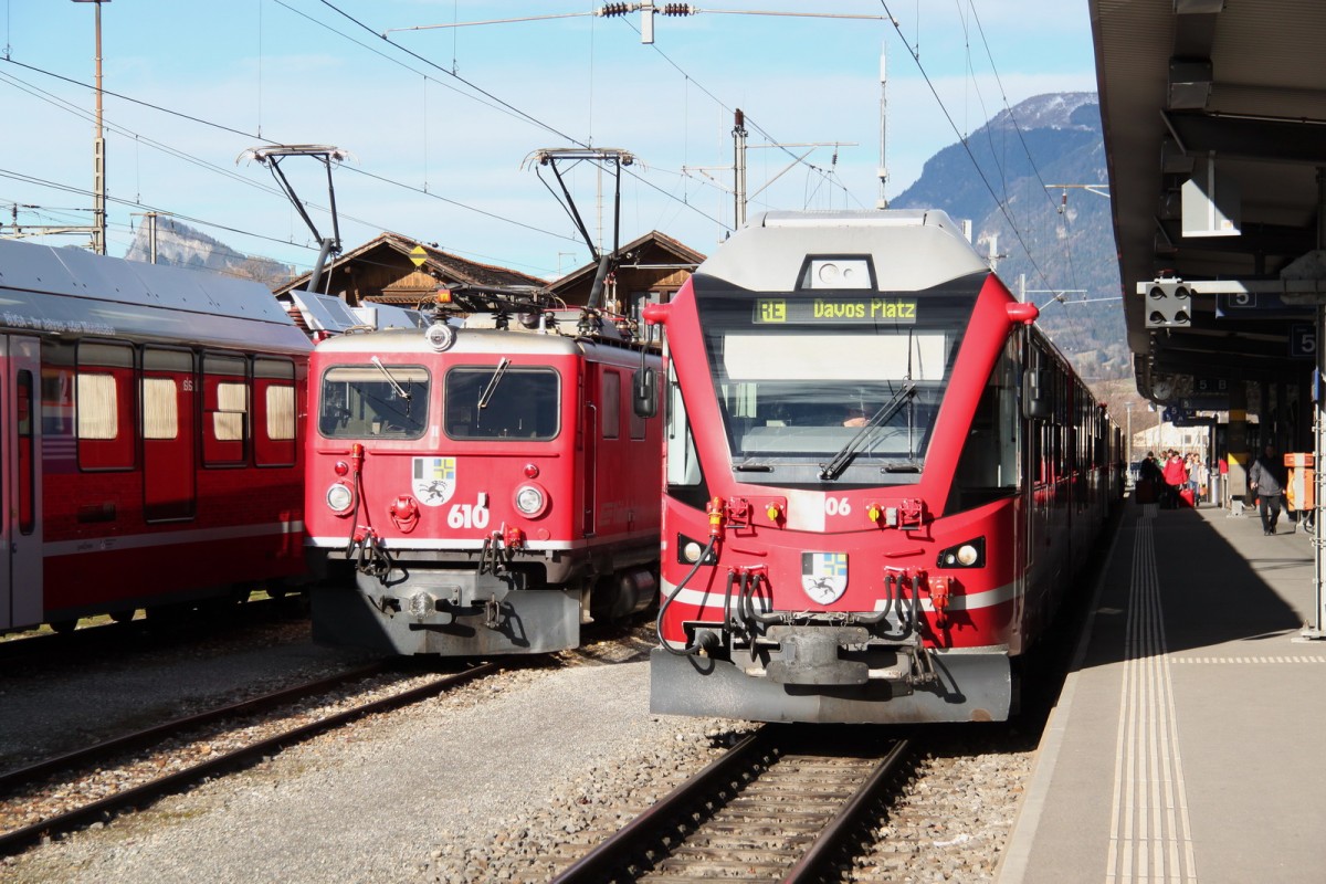 Ge4/4 I Nr.610 und Allegra Triebzug ABe 8/12 Nr.3106 soeben von Davos gekommen,in Landquart.07.01.14