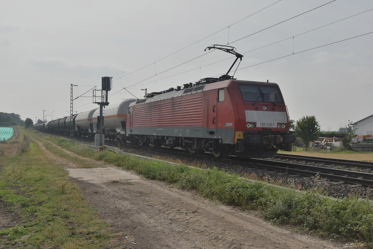 Gegenlichtaufnahme der 189 036-7 mit einem Gemischten bei Gubberath gen Köln fahrend. 16.7.2019