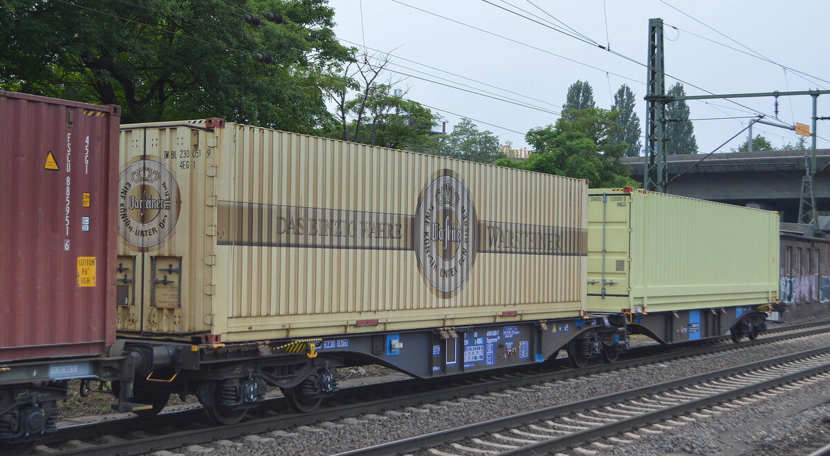 Gelenk-Containertragwagen vom Einsteller ERMEWA SA mit der Nr. 37 TEN 80 D-ERSA 4661 628-7 Sggmrss 90` in einem Containerzug am 07.06.21 Bf. Hamburg-Harburg.