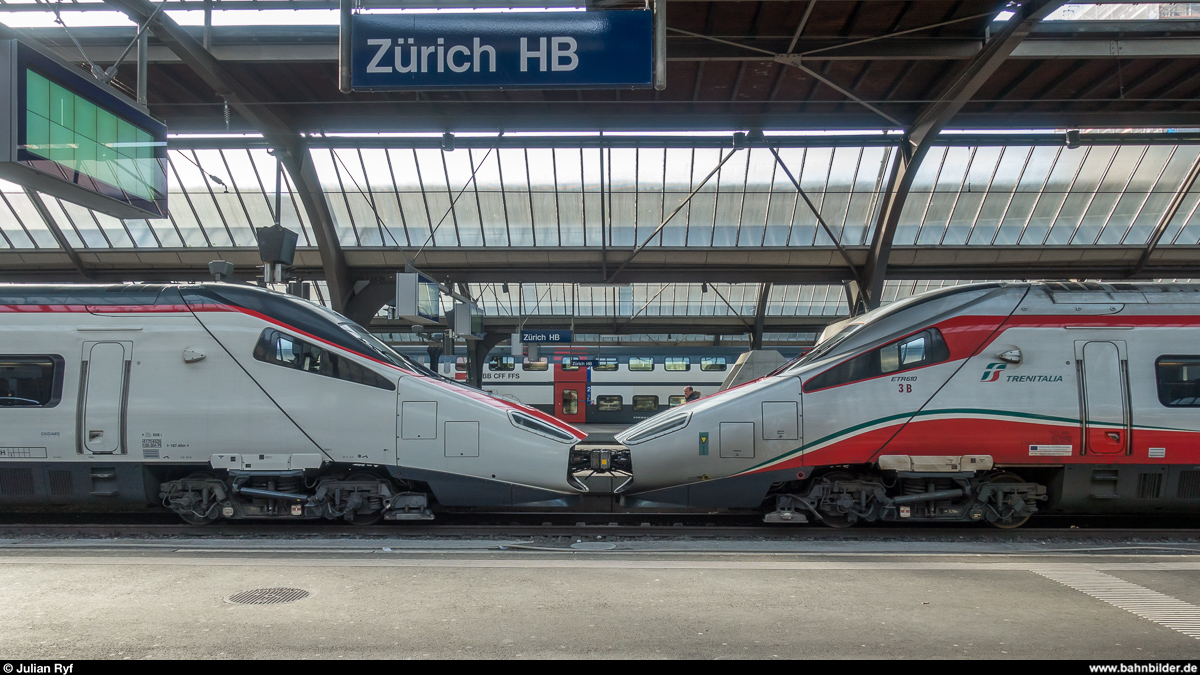 Gemischtes Doppel - ETR 610 von SBB und Trenitalia am 25. Januar 2018 abfahrbereit als EC nach Milano Centrale in Zürich HB.