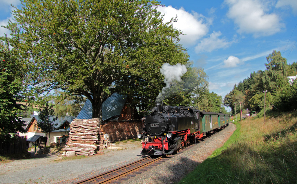Gemtlich rollt 99 773 mit Personenzug 1003 am Mittag des 14.09.2013 durch Neudorf und wird in wenigen Augenblicken den dortigen Bahnhof erreichen.