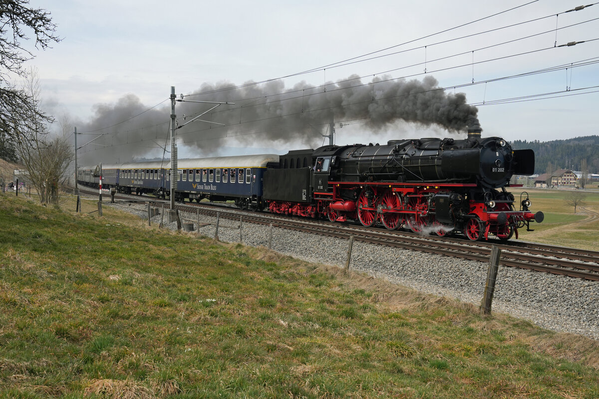 Gemütlicher Sonntagsausflug vom 13. März 2022 mit der Dampflok 01 202 PACIFIC bei Zollikofen.
Foto: Walter Ruetsch